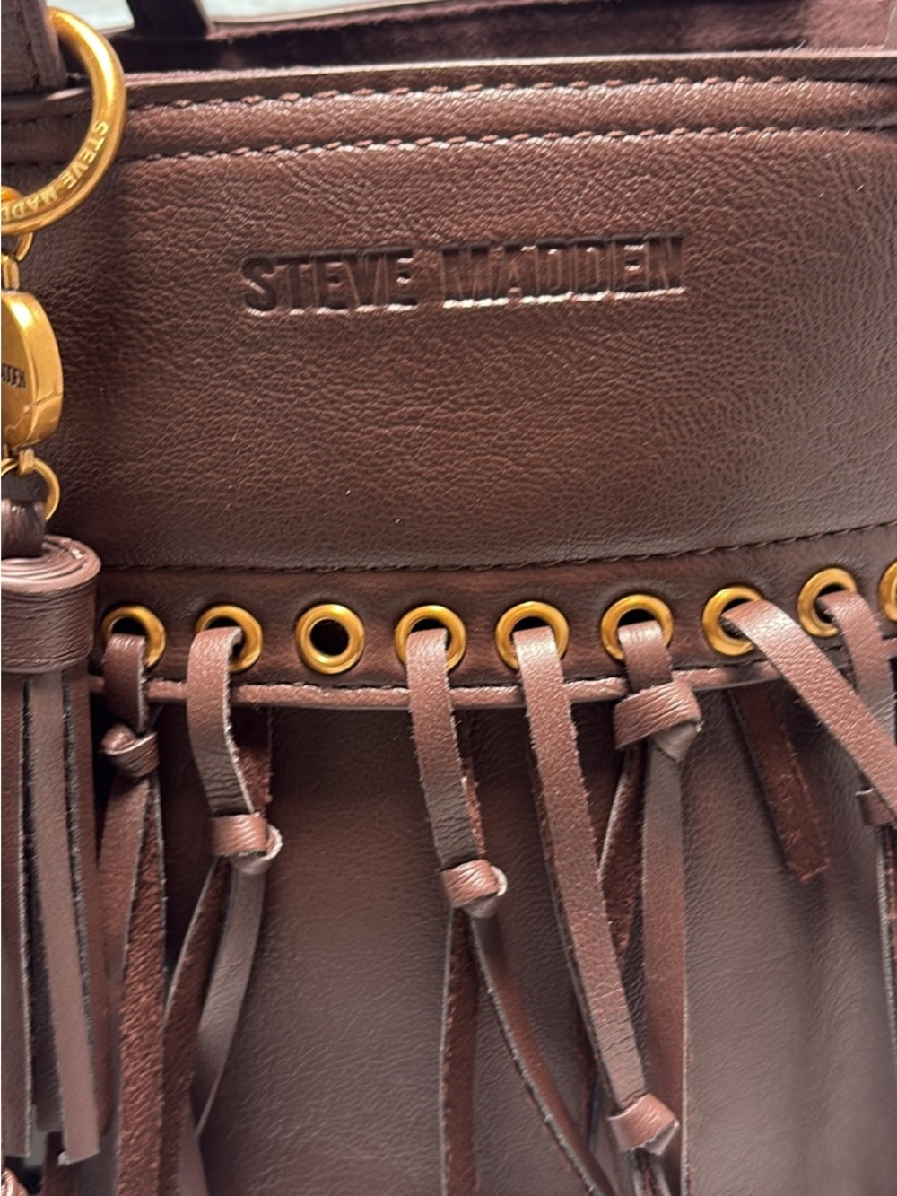 Steve Madden Chocolate Brown Leather Fringe Tote with Gold Hardware